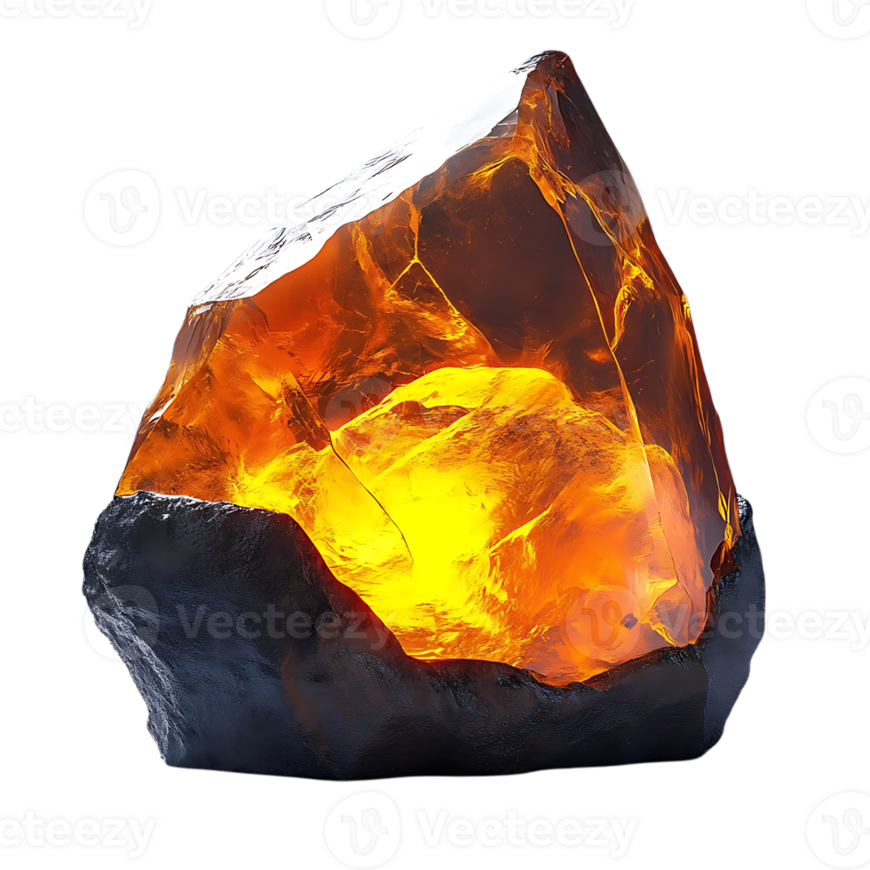 Glowing Amber Stone Isolated on Transparent Background,  Amber Gemstone with  Illumination Effect png