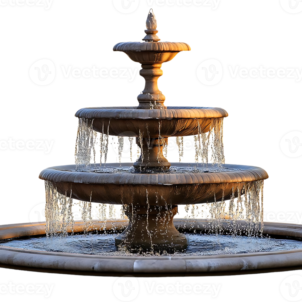 Elegant Three-Tiered Stone Fountain with Cascading Water on a Transparent Background png