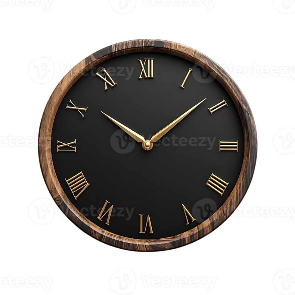 Elegant Black Clock with Golden Roman Numerals and Hands, Set Against a Transparent Background png
