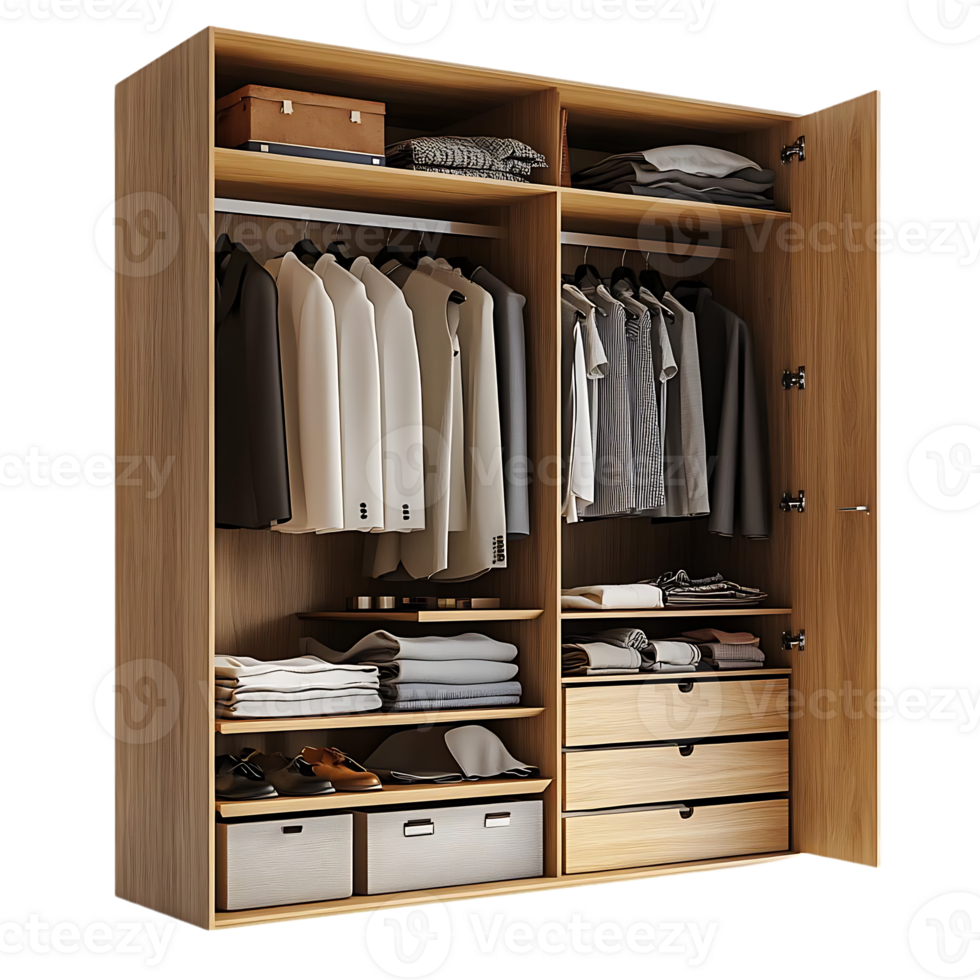Organized Wardrobe with Suits, Shirts, and Drawers, Displaying a Transparent Background png