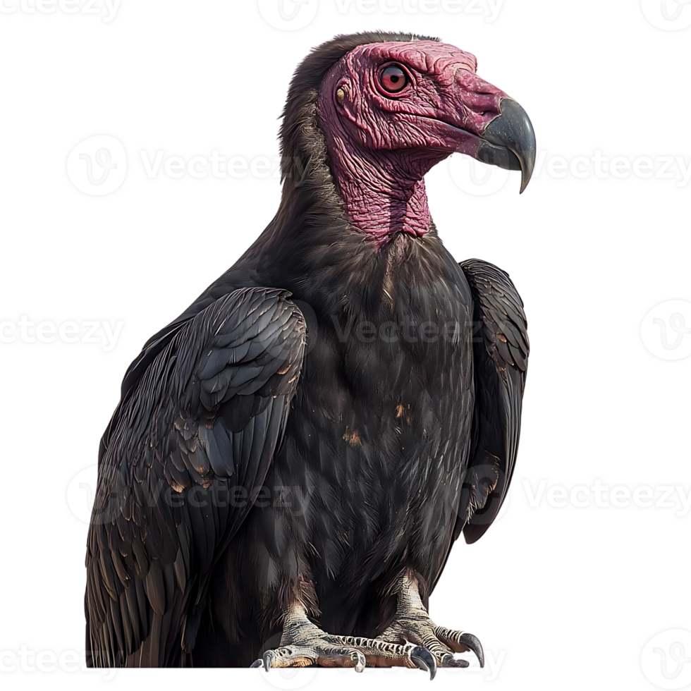 A Black Vulture with a Pink Head and Neck Rests on a Branch with Transparent Background png