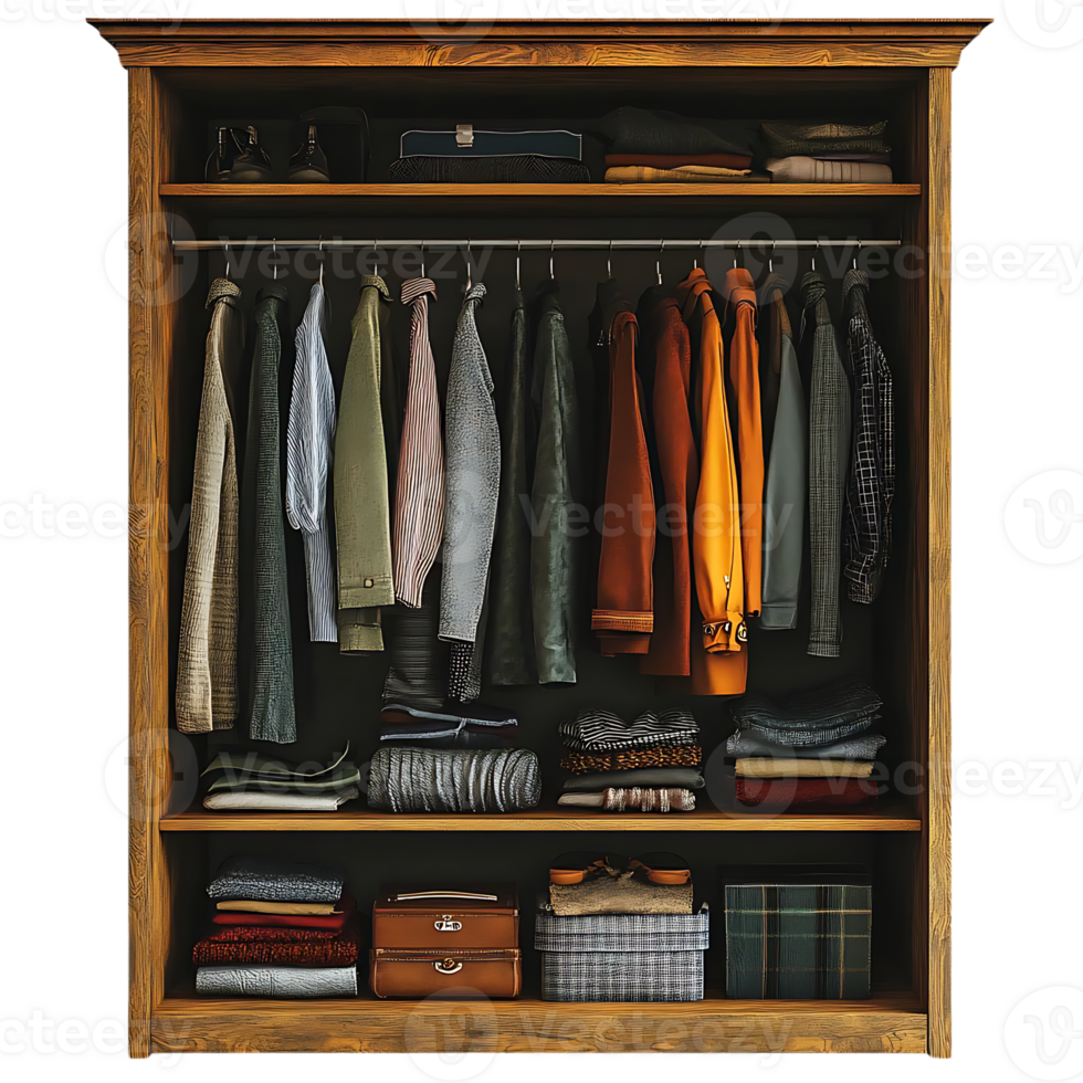 Organized Wardrobe with Clothes Hanging on Hangers, Folded Clothes, and Accessories in a Wooden Closet with a Transparent Background png