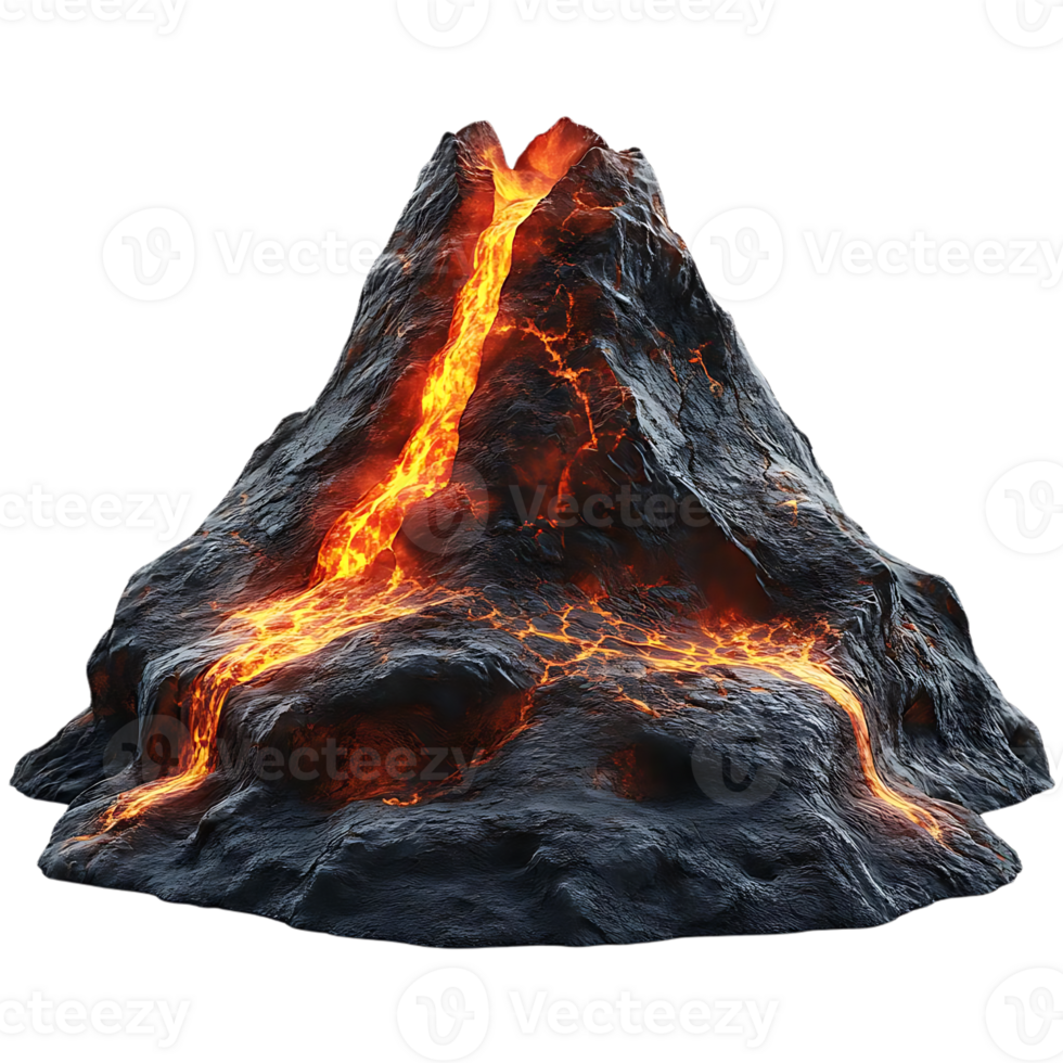 Volcano Erupts with Fiery Lava Flow, Creating Dramatic Landscape with Transparent Background png