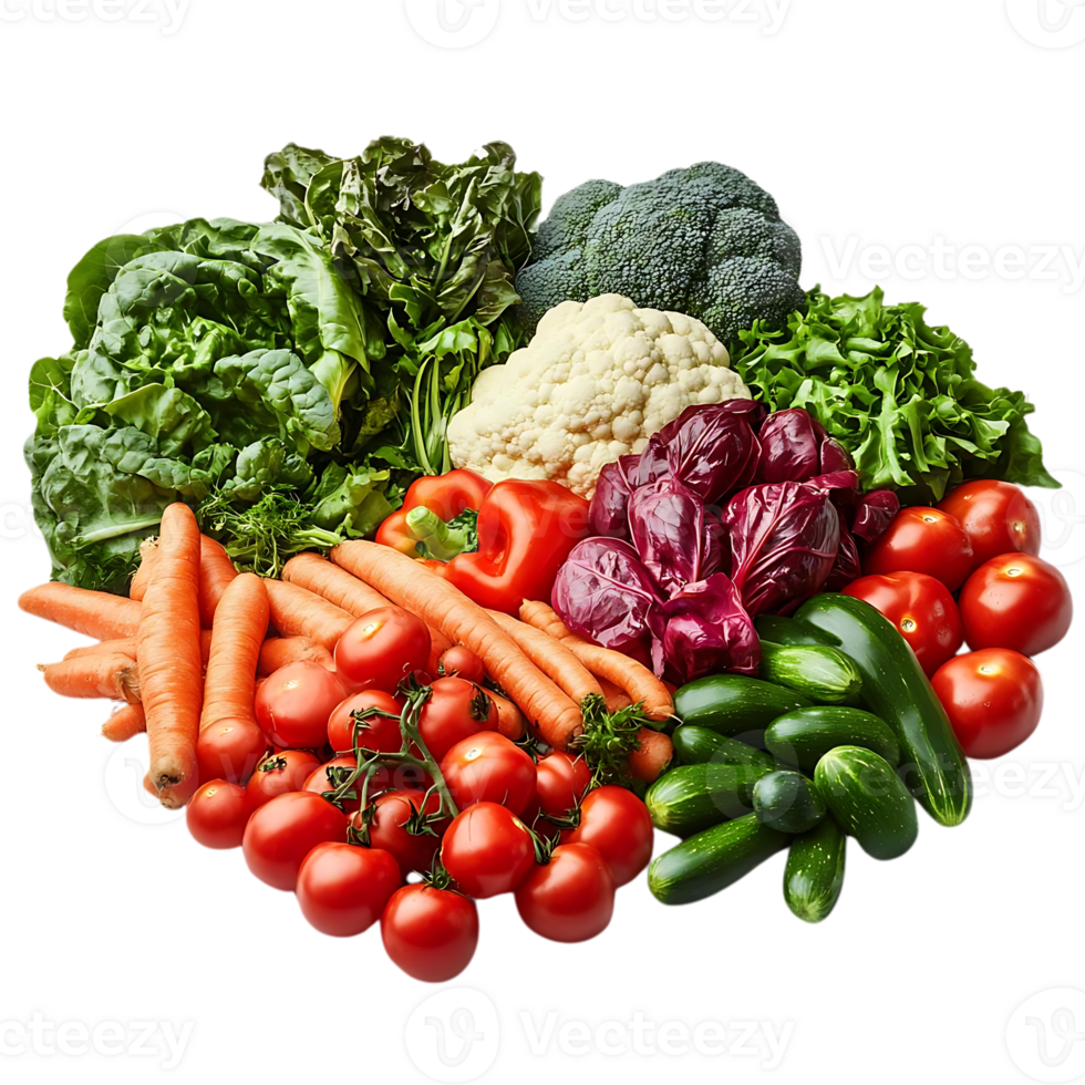 Fresh Vegetables with a Transparent Background, Featuring Carrots, Tomatoes, Broccoli, and More png