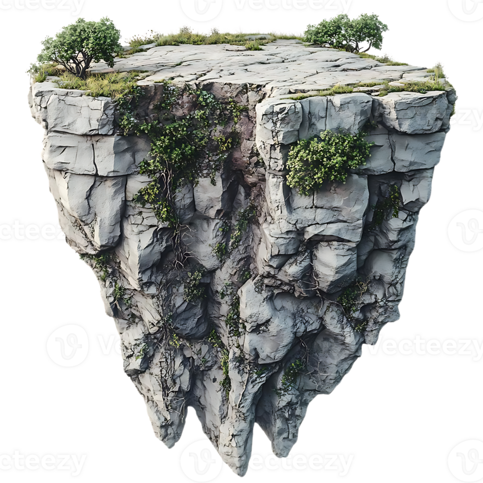 Floating Rock Cliff with Transparent Background, Lush Greenery and Isolated Stone Formation png