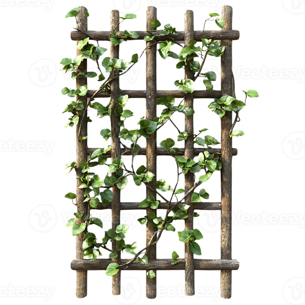 Green Vines Climbing a Rustic Wooden Trellis with a Transparent Background png