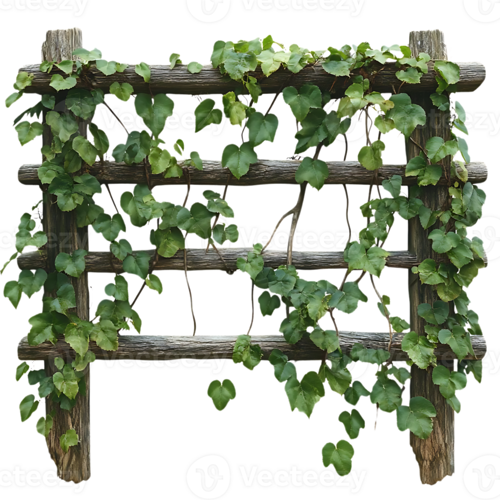 Wooden Fence Covered in Greenery with Transparent Background png
