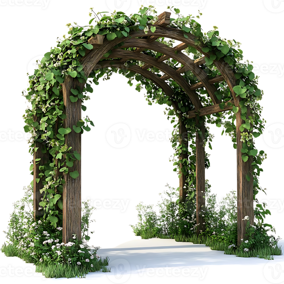 Wooden Archway Covered in Vines, Green Foliage, Transparent Background png