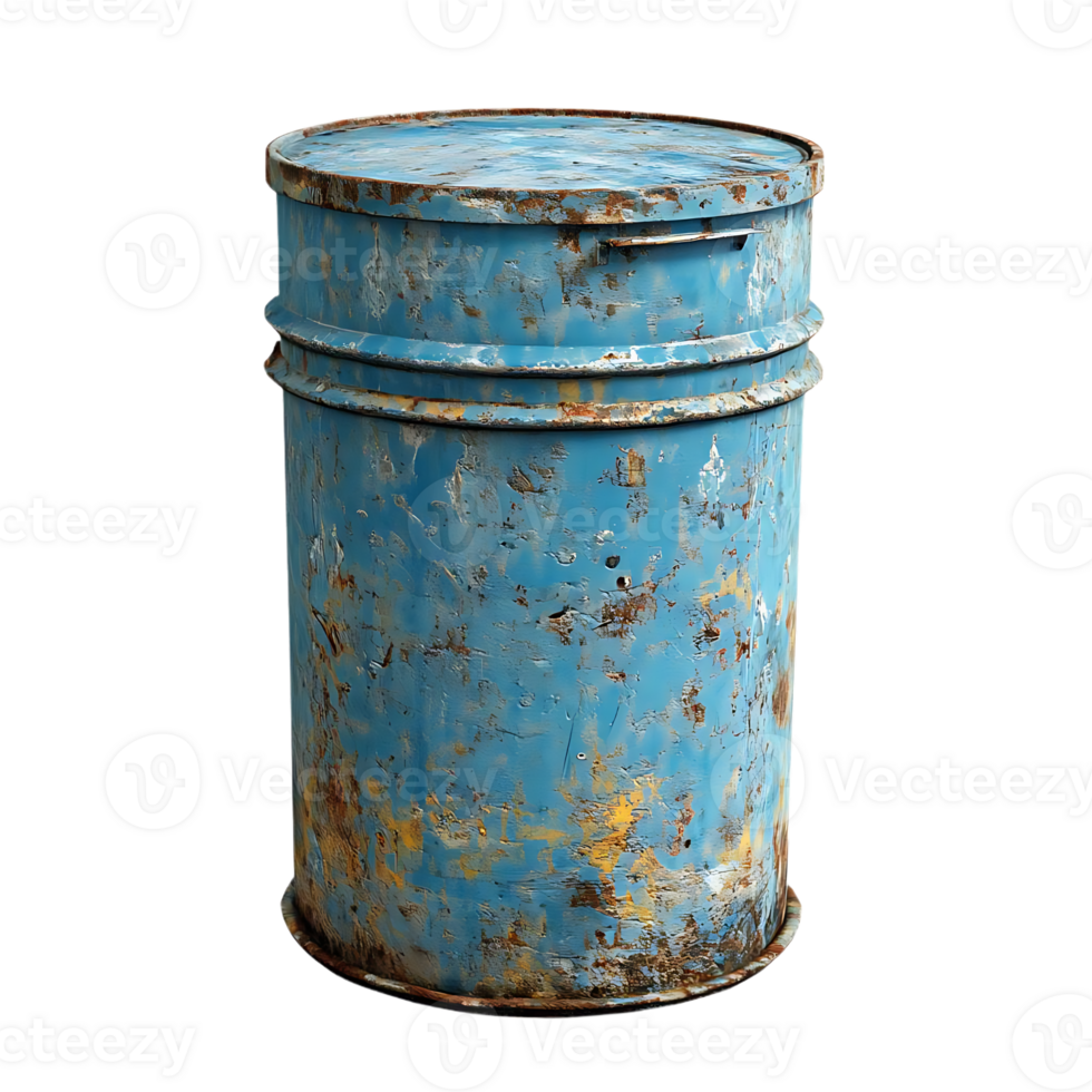 Rusty Blue Metal Barrel with Transparent Background, Vintage Industrial Container, Weathered Metal, Isolated Metal Object png