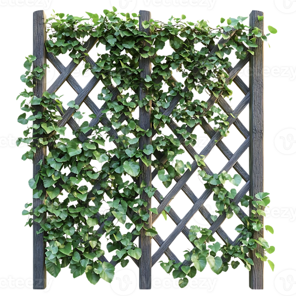 Green Ivy Vines Growing on a Wooden Lattice Fence with a Transparent Background png