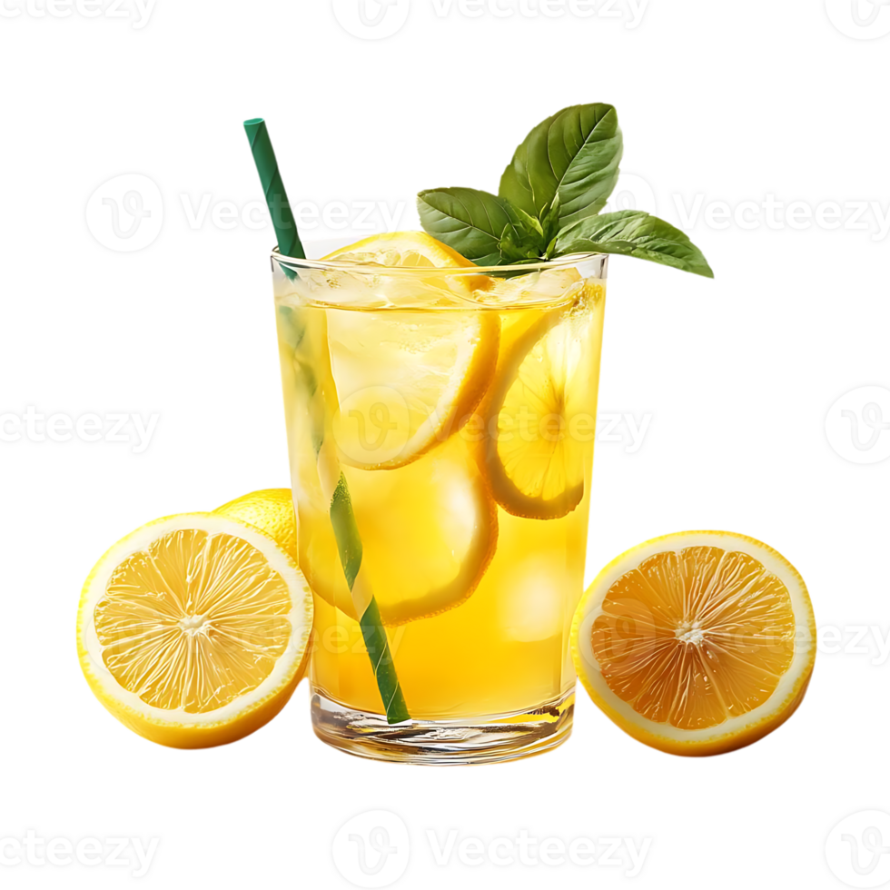 Refreshing Lemonade with Lemon Slices and Mint Leaves in a Glass with a Straw on a Transparent Background png