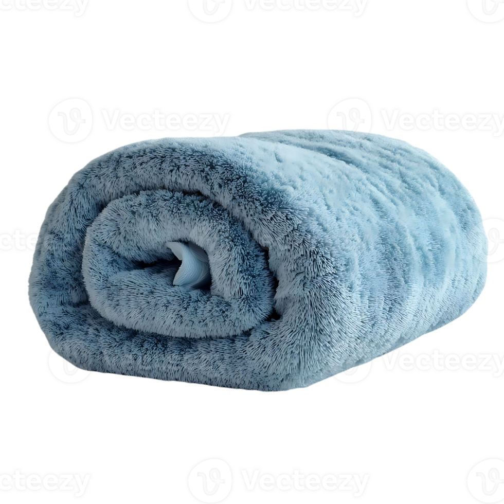 Soft Blue Plush Throw Blanket Rolled Up with Transparent Background png