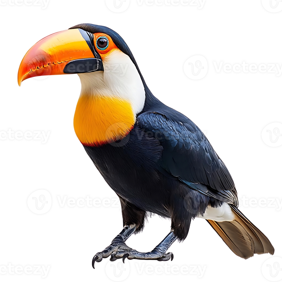 A Vibrant Toucan with a Striking Orange Beak Poses Against a Transparent Background, Showcasing Its Stunning Feathers and Unique Features. png