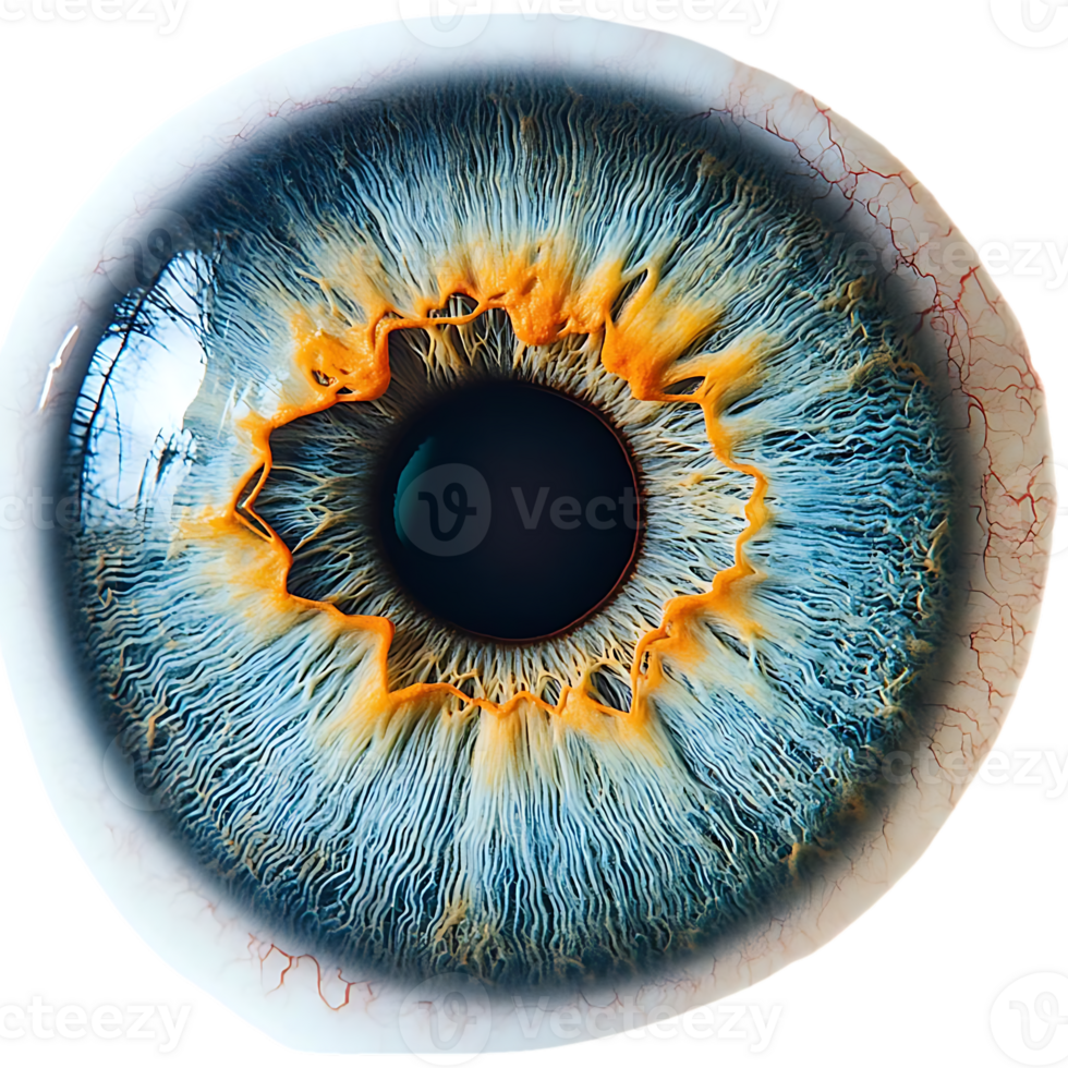 A Close Up of a Blue Eye with an Orange Iris on a Transparent Background png