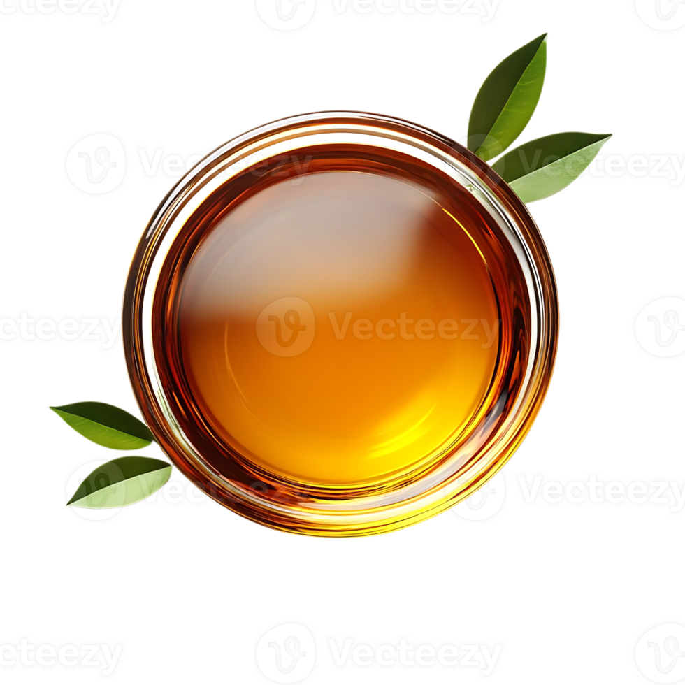 Golden Honey in Glass Bowl with Green Leaves on Transparent Background png