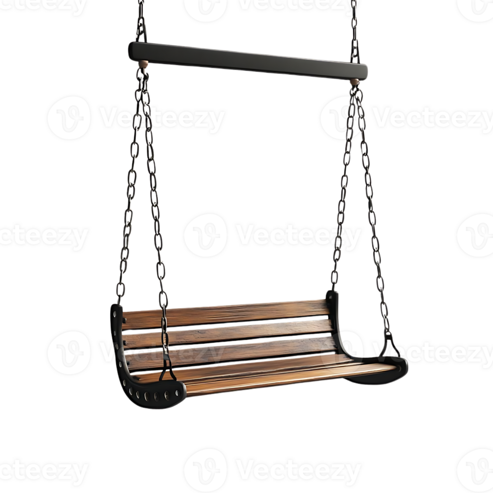Hanging Wooden Bench with Chains on Transparent Background, Rustic Swing Seat for Outdoor Relaxation, Garden Decor, Patio Furniture, Yard Swing png