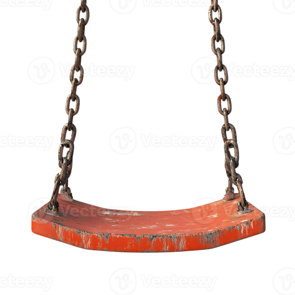 Rusty Swing Set with Transparent Background, Isolated Swing Hanging from Chains, Vintage Wooden Swing Seat, Worn Red Swing, Isolated Swing Image, Rusty Chains Hanging Swing,  Swing Set with Black Background,  Transparent Swing Background, Red Wooden Swing png