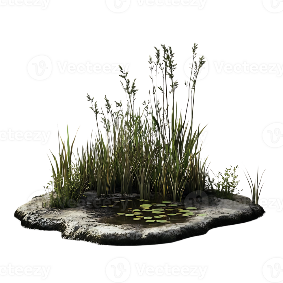 Isolated Pond with Lush Grass and Lily Pads, Transparent Background png