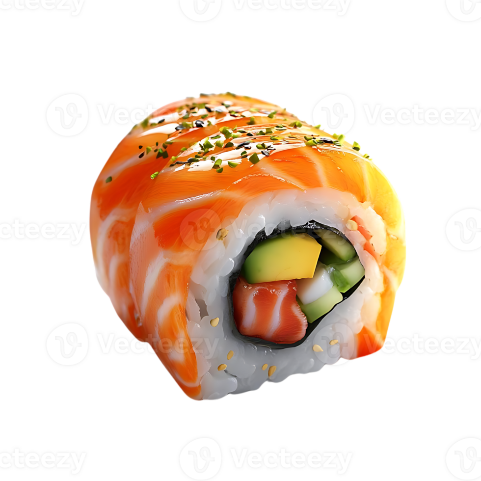 Salmon Sushi Roll with Avocado, Cucumber, and Crab Stick, with a Transparent Background png