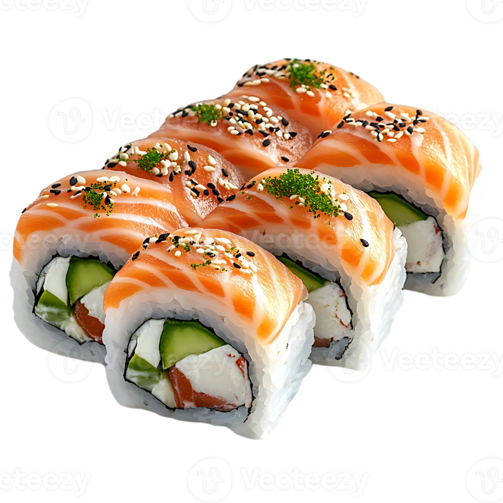Delicious Salmon Sushi Rolls with Cucumber and Cream Cheese, Topped with Sesame Seeds and a Transparent Background png