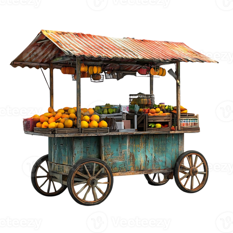 Vintage Fruit Cart with a Transparent Background, Rustic Charm, Fresh Produce, Wooden Wheels, Colorful Fruits, Street Food, Tropical Delights png