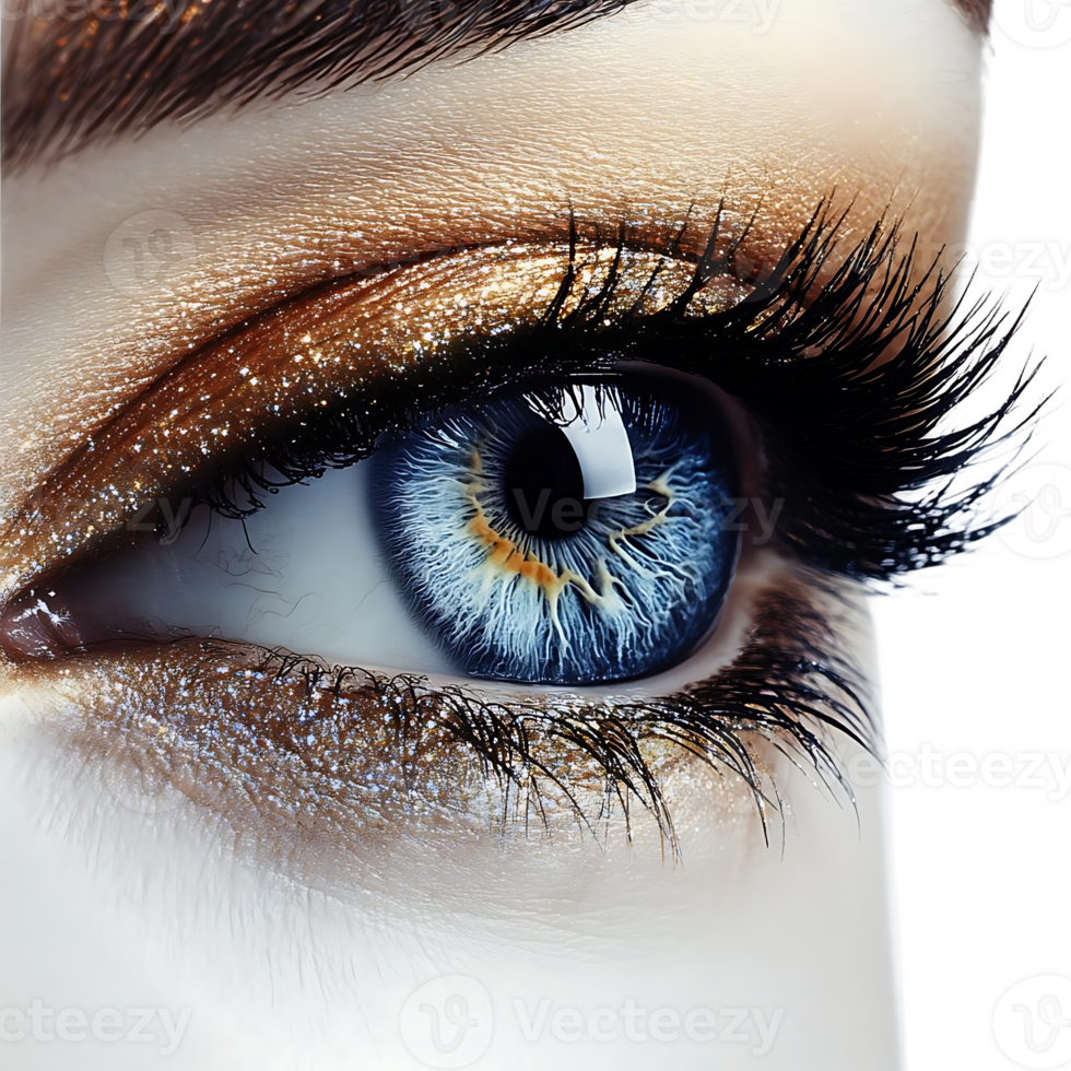 Sparkling Blue Eye with Golden Glitter Makeup, Transparent Background png