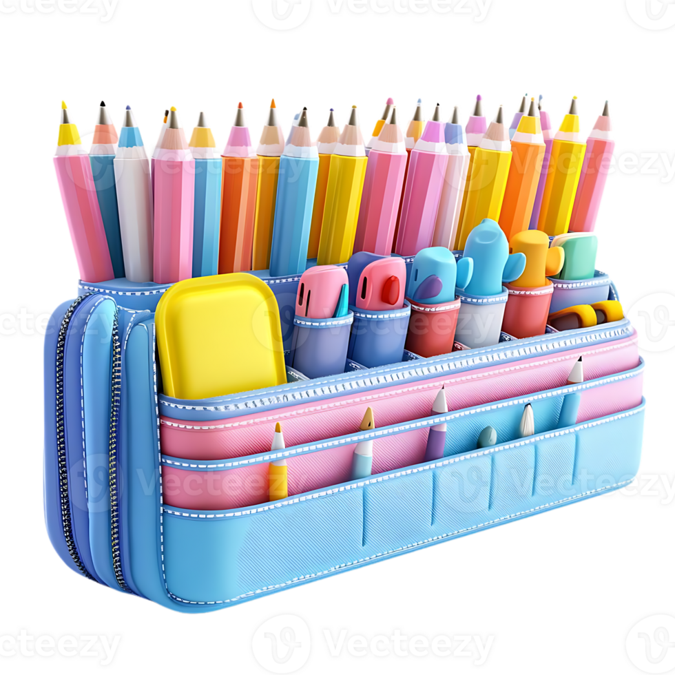 Colorful Pencils and Pens Organized in a Blue Pencil Case with a Transparent Background png