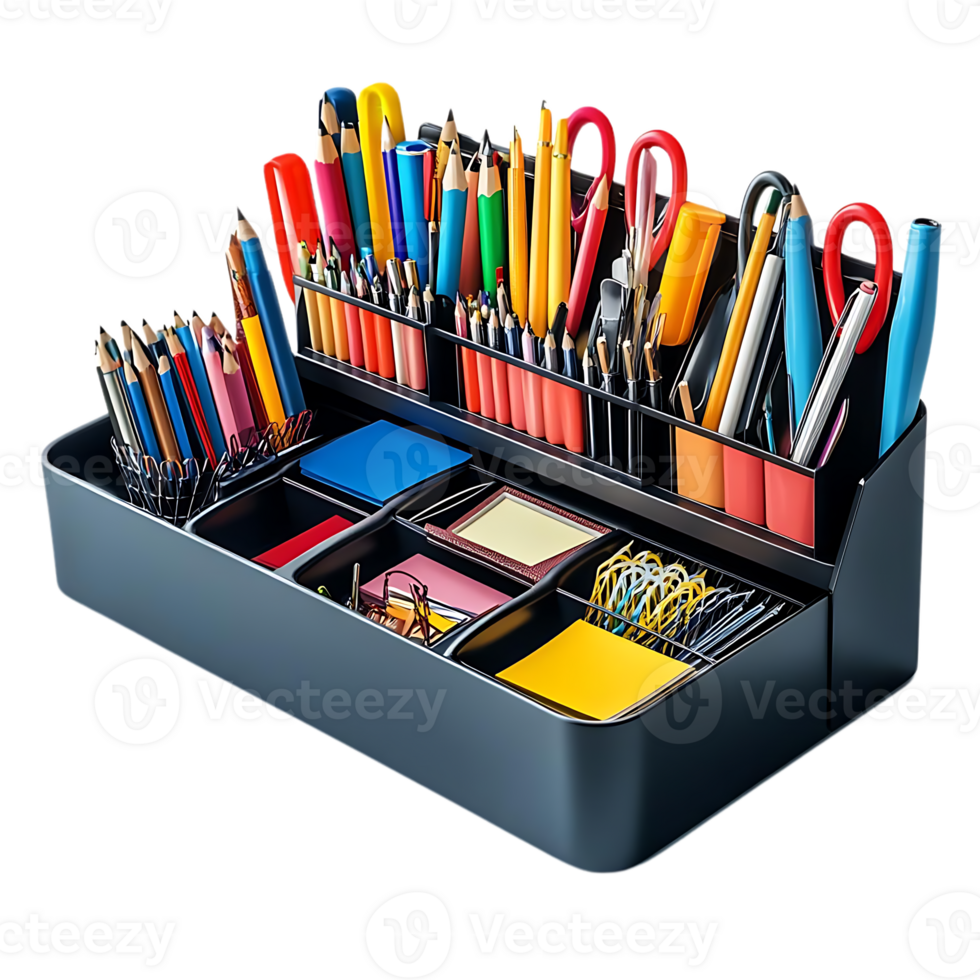 Organized Desk Supplies with a Transparent Background - Pencils, Pens, Scissors, and More png
