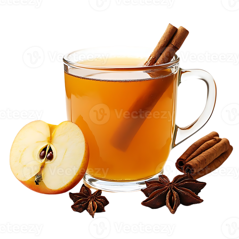 Warm Apple Cider with Cinnamon Sticks and Star Anise, Perfect for a Cozy Autumn Day, Transparent Background png