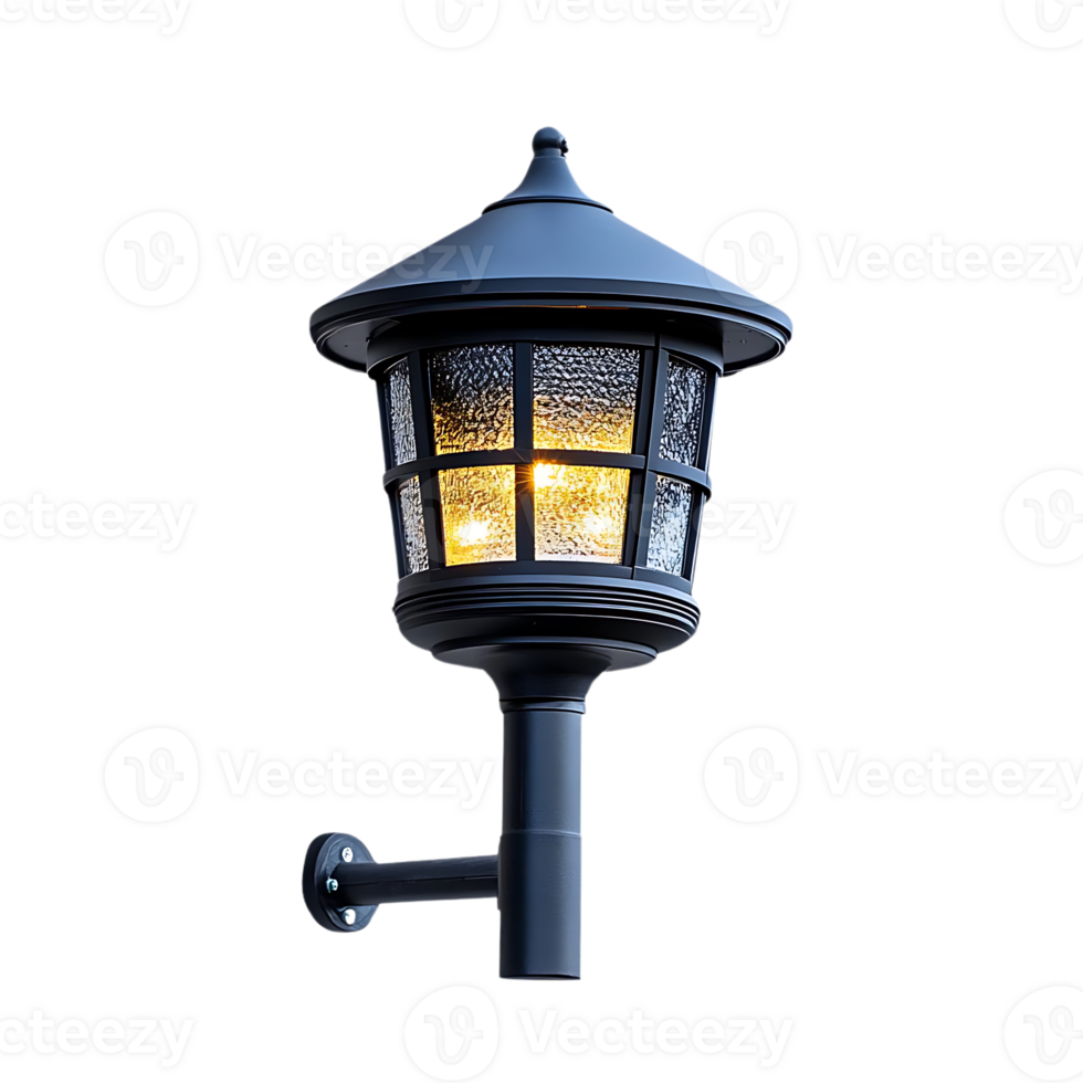 Black Wall-Mounted Lantern with Transparent Background, Illuminated with Warm Light png
