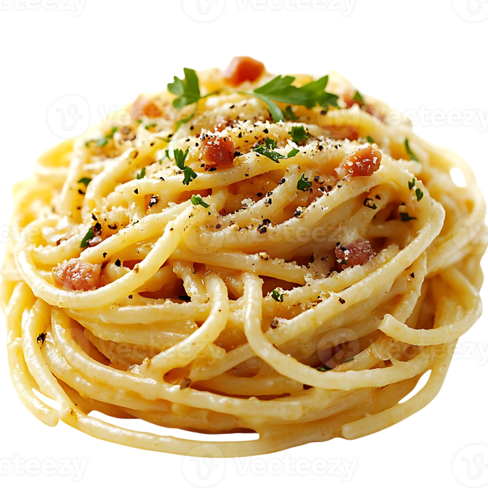 Delicious Spaghetti Carbonara with a Creamy Sauce, Topped with Parmesan Cheese and Fresh Parsley, Served on a Transparent Background png