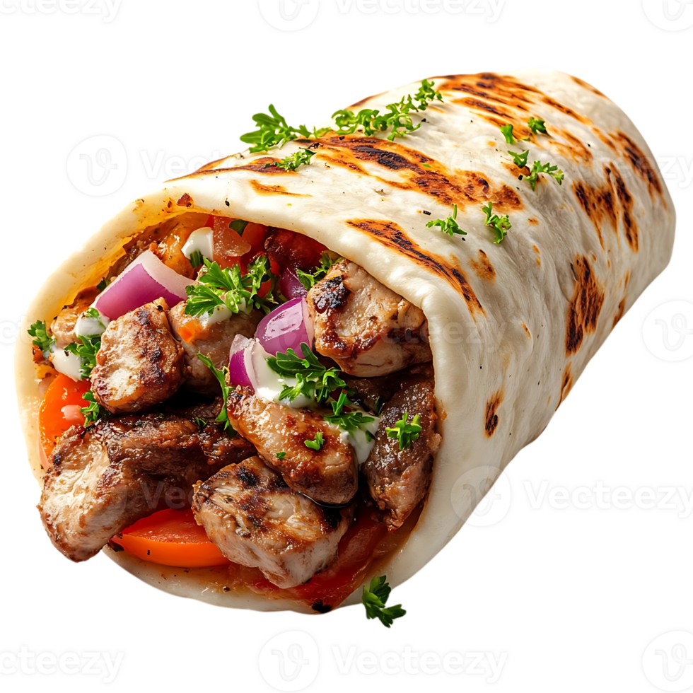 Delicious Grilled Chicken and Beef Shawarma Wrap with Creamy Sauce and Fresh Parsley, A Flavorful Bite of Mediterranean Cuisine png