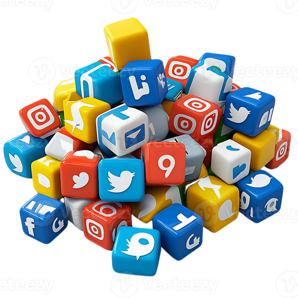 Social Media Icons on Colorful Cubes with a Transparent Background, a Digital Representation of Online Communication and Interaction. png