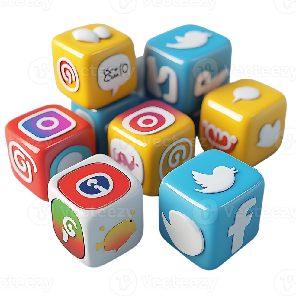 Social Media Icons on Colorful Cubes with Transparent Background png