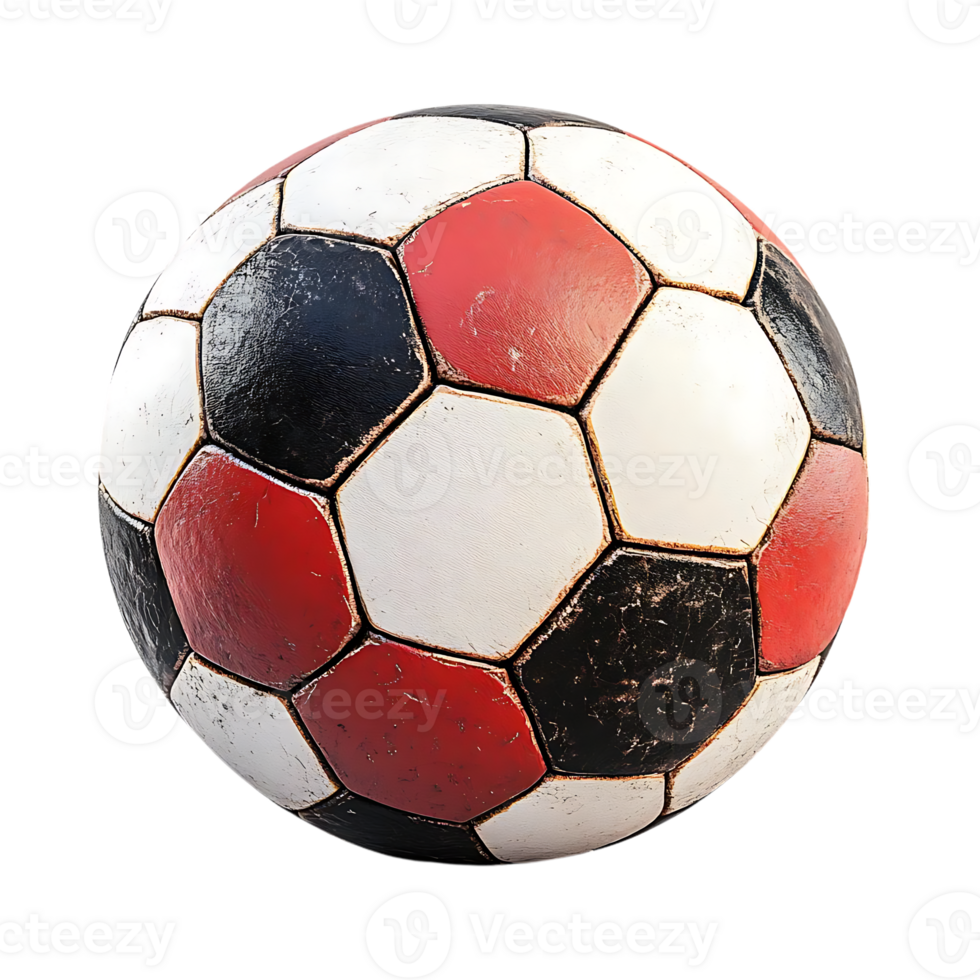 Worn Out Soccer Ball with Red, Black, and White Panels on a Transparent Background png