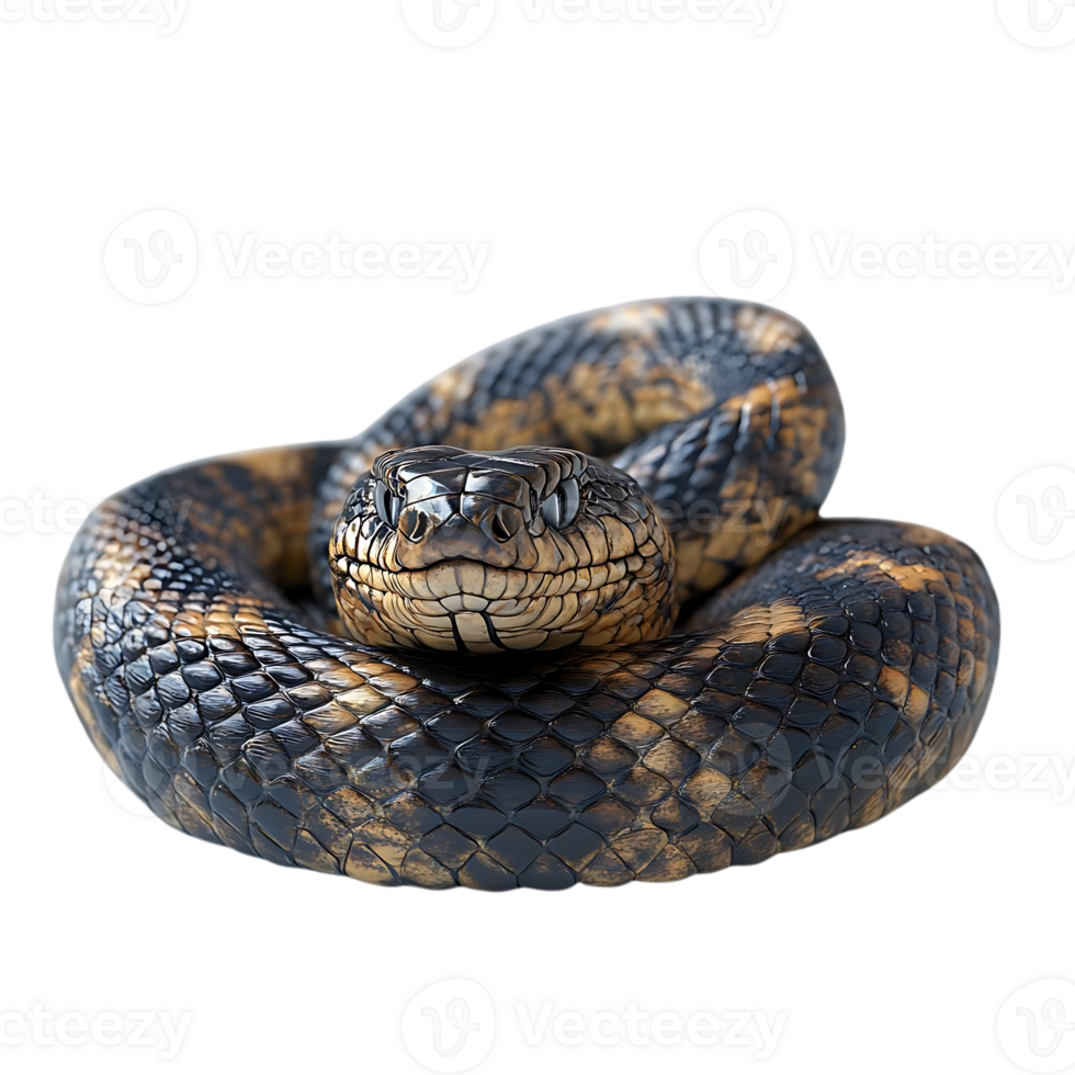 A Black and Tan Snake Coiled Up, Eyes Staring, Transparent Background png