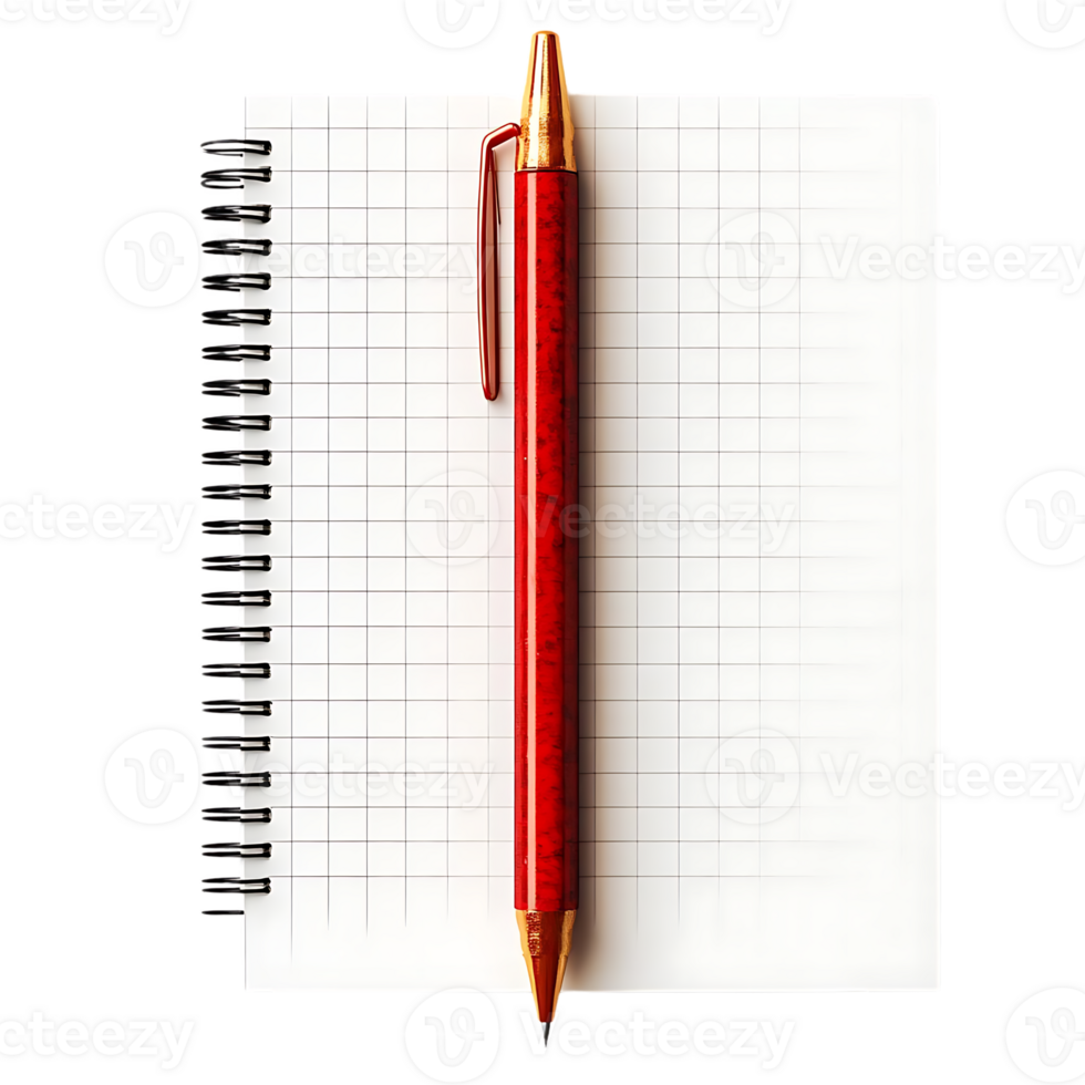 Red Pen Leans Against a Blank Gridded Notebook With a Transparent Background png