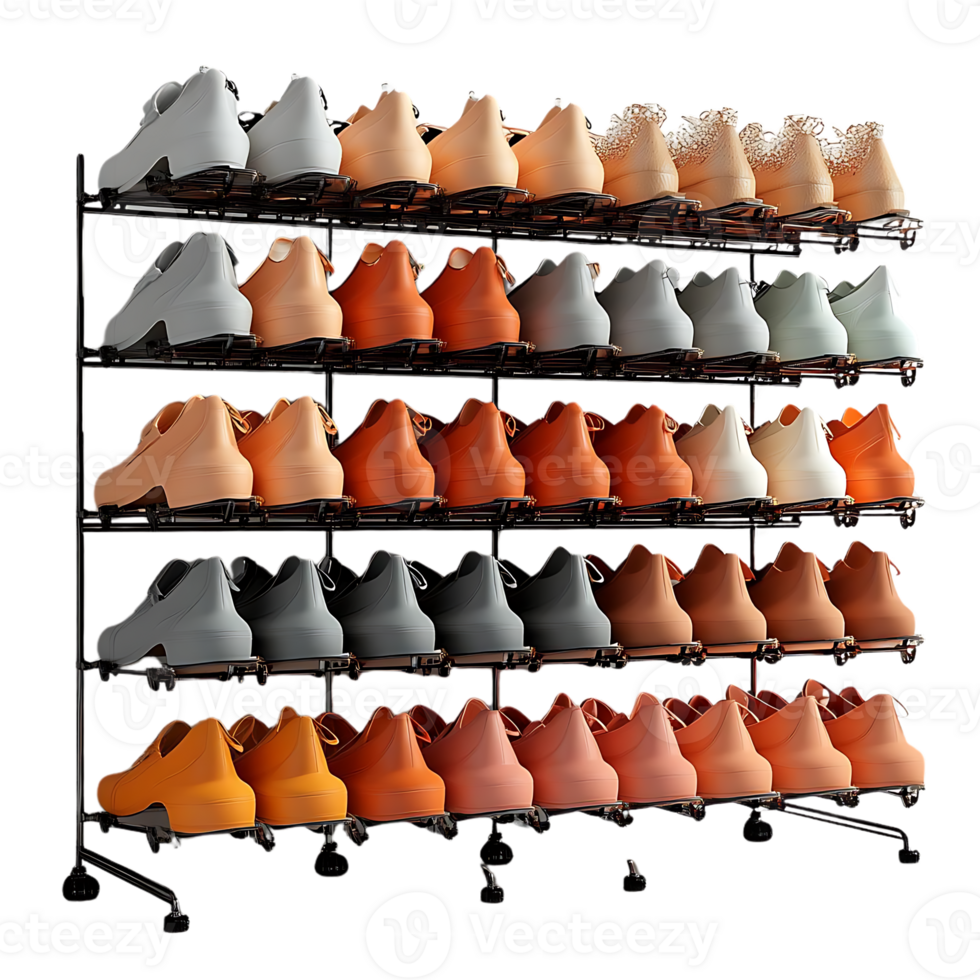 Organized Shoe Storage Rack with Transparent Background, Metal Shoe Display Stand for Home Organization, Multi-Tiered Shoe Rack,  Stylish Shoe Storage Solution,  Convenient Shoe Display,  Clear Background Shoe Rack, Modern Shoe Storage Design. png