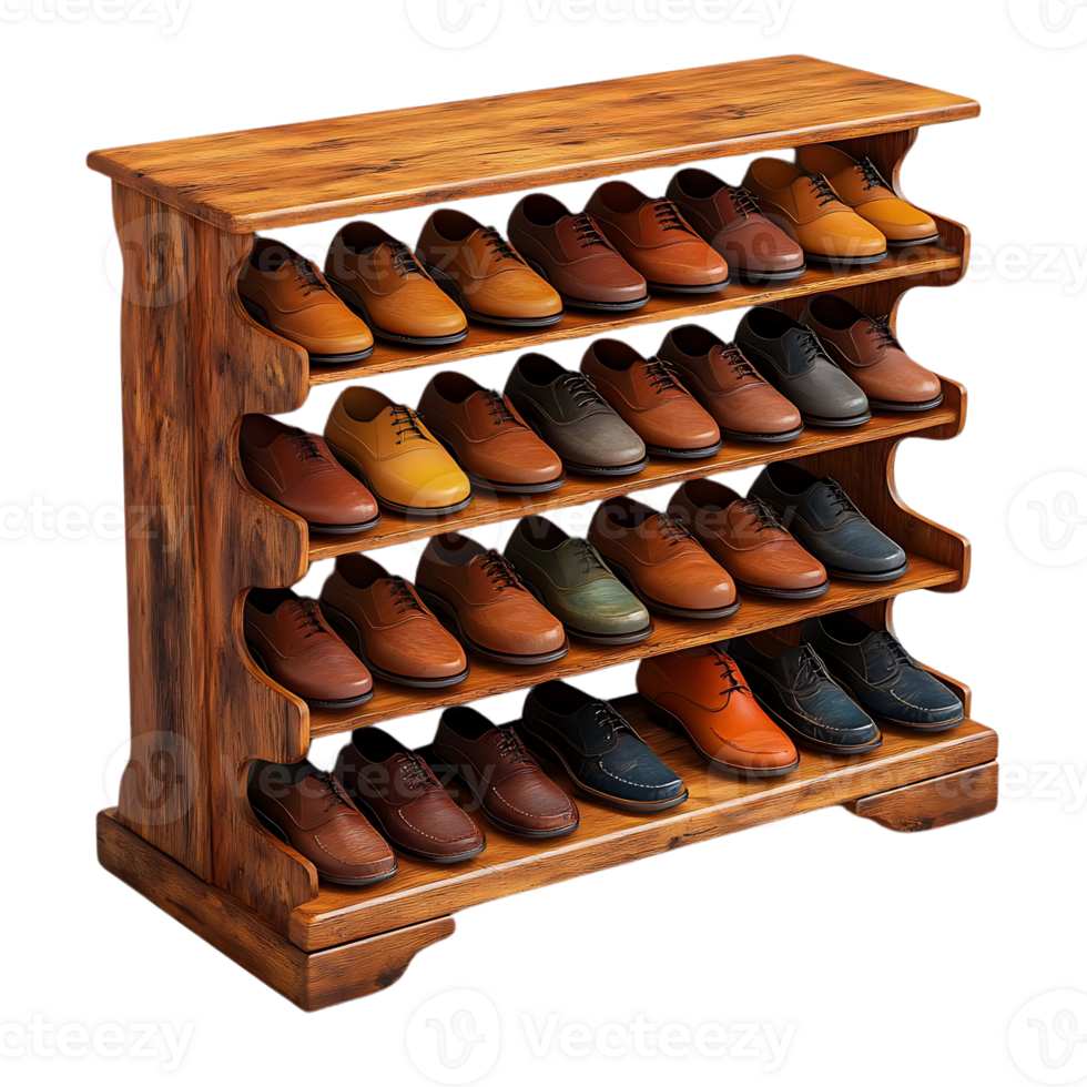 Elegant Leather Shoes Displayed on a Wooden Shoe Rack with a Transparent Background png