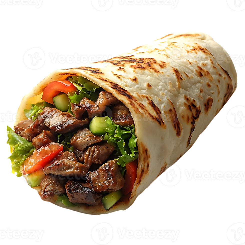 Delicious Beef Shawarma Wrap with Fresh Vegetables on a Transparent Background png