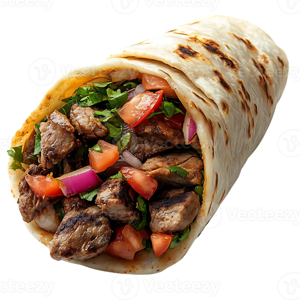 Delicious Steak Burrito with Fresh Tomatoes, Onions, and Cilantro on a Transparent Background png