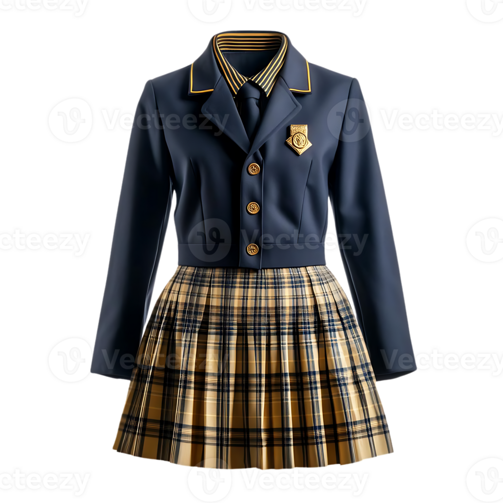 Navy Blazer with Plaid Skirt and Golden Buttons, Featuring a Transparent Background png