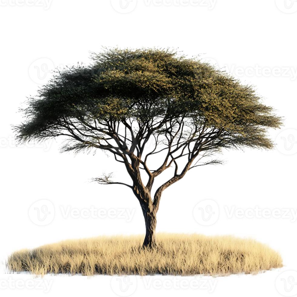 A Solitary Acacia Tree Stands Tall Against a Transparent Background, Its Branches Reaching Towards the Sky, Creating a Sense of Serenity and Tranquility. png