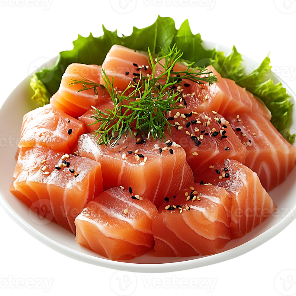 Fresh Salmon Sashimi with Sesame Seeds and Dill on a White Plate, Transparent Background png