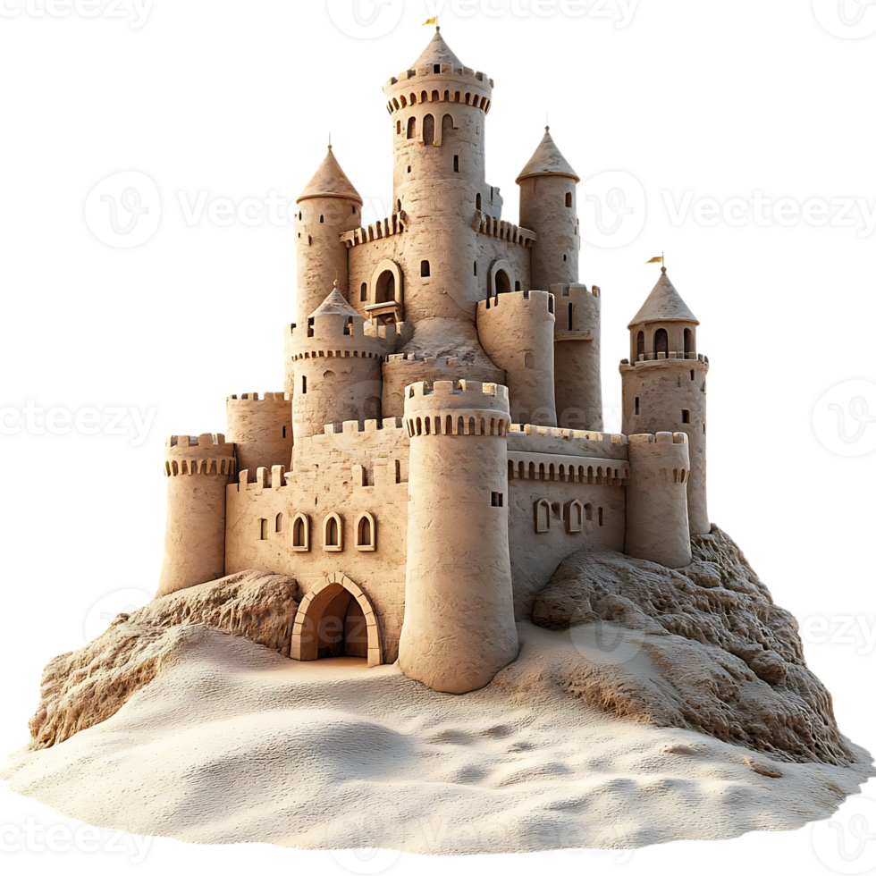 A Majestic Sandcastle, Built with Skill and Imagination, Standing Tall on a Beach with a Transparent Background png