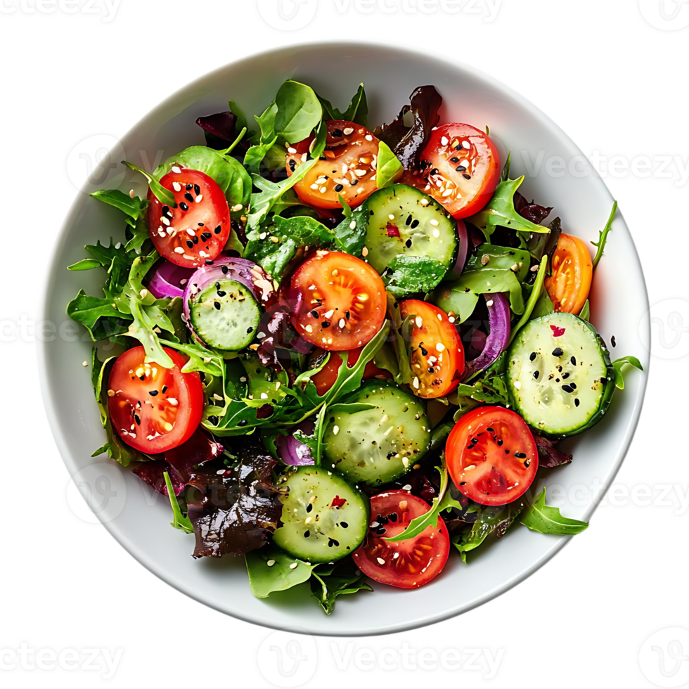 Fresh, Colorful Salad with Tomatoes, Cucumbers, and Red Onion, Topped with Sesame Seeds and Black Pepper, on a Transparent Background png
