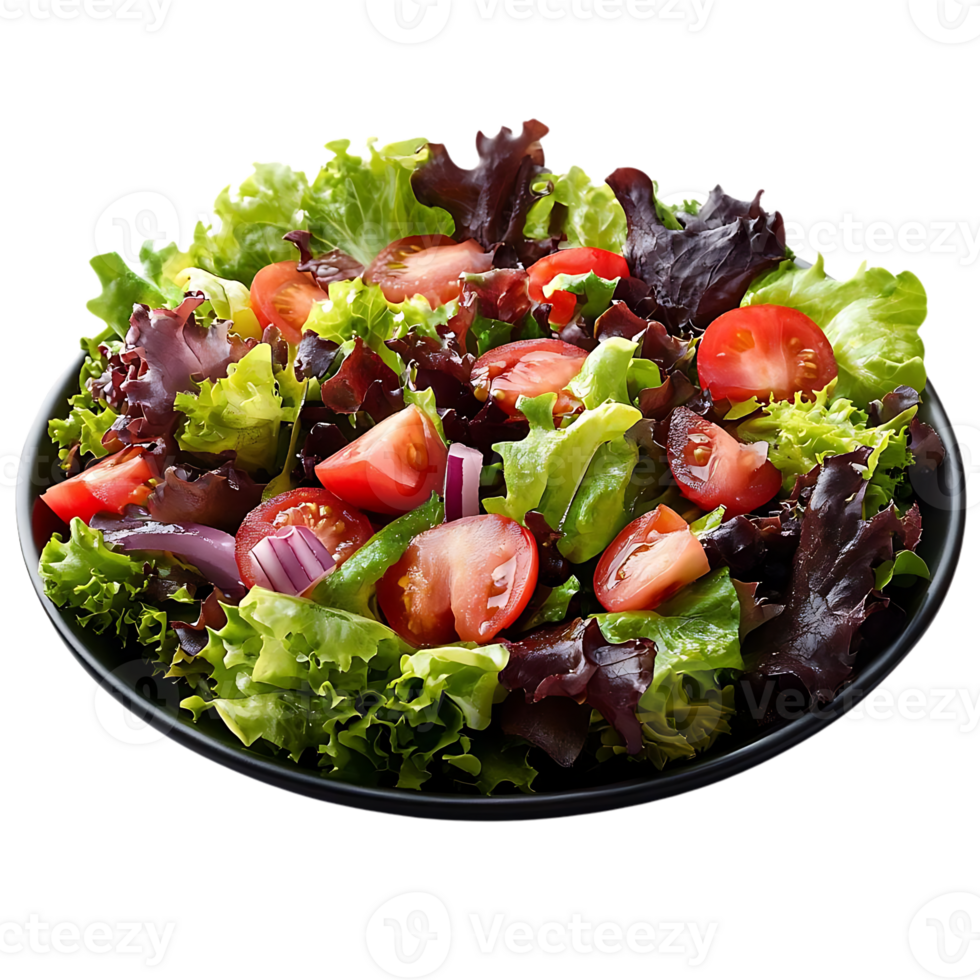 färsk grön sallad med tomater och röd lök på svart tallrik, transparent bakgrund png