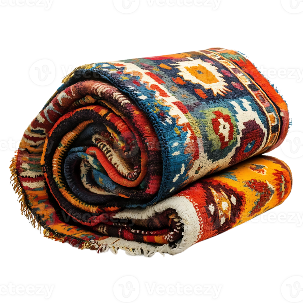 Vibrant Rolled Rug with Intricate Patterns and a Transparent Background png