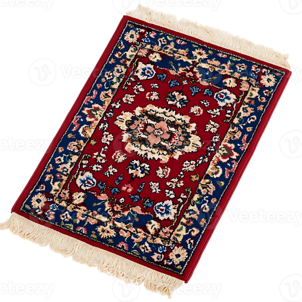 Red and Blue Floral Rug with Tassels on a Transparent Background png