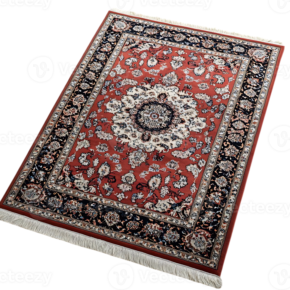 Red and Black Floral Pattern Rug with White Fringe, a Beautiful and Intricate Design for Your Home png